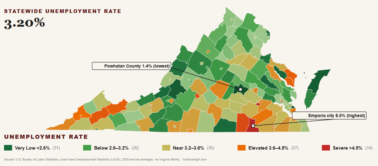 Virginia 2025 annual unemployment by jurisdiction